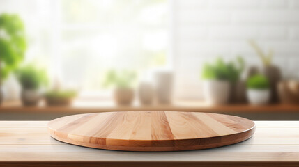 Minimalist Round Wood Tabletop in Beautiful Interior Design - Empty Counter Space for Stylish Home Decoration and Modern Display Mockups.