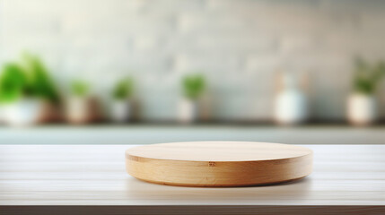 Fototapeta na wymiar Minimalist Round Wood Tabletop in Beautiful Interior Design - Empty Counter Space for Stylish Home Decoration and Modern Display Mockups.