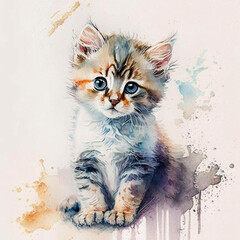 Pretty small kitten on light  background in watercolor style.