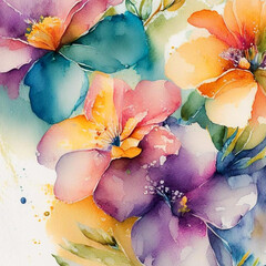 Teal, orange and pink watercolor flowers with stems and leaves. Watercolor art background.