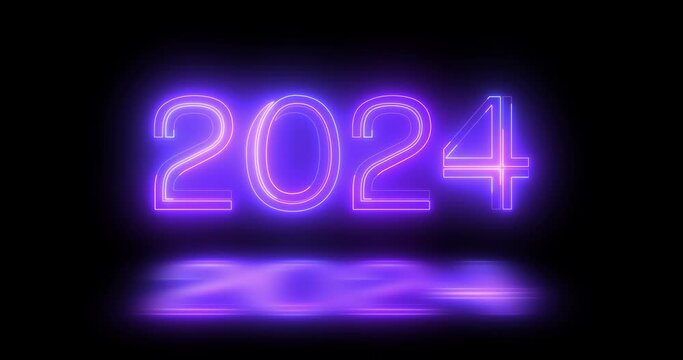 
4K 2024 Happy New Year Electric bright typography decoration fluorescent bg. Line moving celebration futuristic banner backdrop for 2024 in UHD black bg. Neon nightclub sign bg for New Year's Eve.
