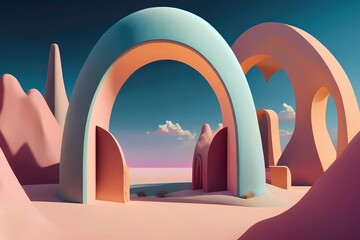 Obraz na płótnie Canvas surreal landscape pastel color geometric shapes and arches