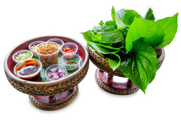 Top view of A royal leaf wrap appetizer, call Miang kham, focus selective
