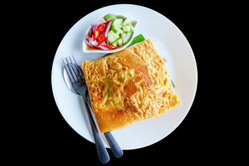 Top view of Thai Crispy Pancake (Kanom Buang)Vietnamese stuffed crispy omlette. with sliced cucumber,chillies sweet-sour vinegar, focus selective