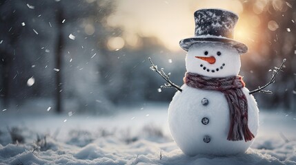 Obraz premium A whimsical snowman donning a carrot nose and a top hat, gracing a serene snowy field. Traditional winter decor, seasonal joy, frosty landscape, holiday cheer. Generated by AI.