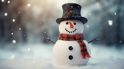 Snowman adorned with a carrot nose and a top hat, standing tall in a picturesque snowy field. Classic winter decor, seasonal joy, frosty landscape, holiday charm. Generated by AI.