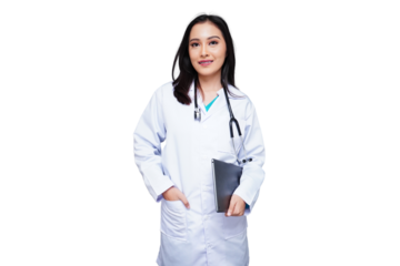 Young female doctor in white coat with stethoscope, medical student isolated transparent