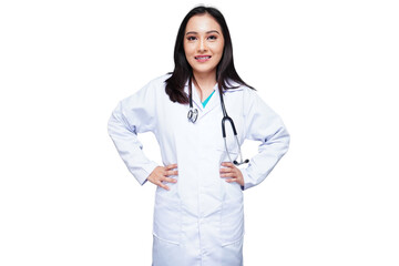 Young female doctor in white coat with stethoscope, medical student isolated transparent