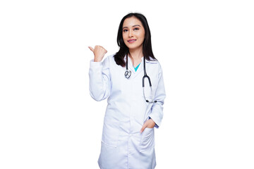 Beautiful young female doctor in white coat with stethoscope gives thumbs up gesture isolated transparent