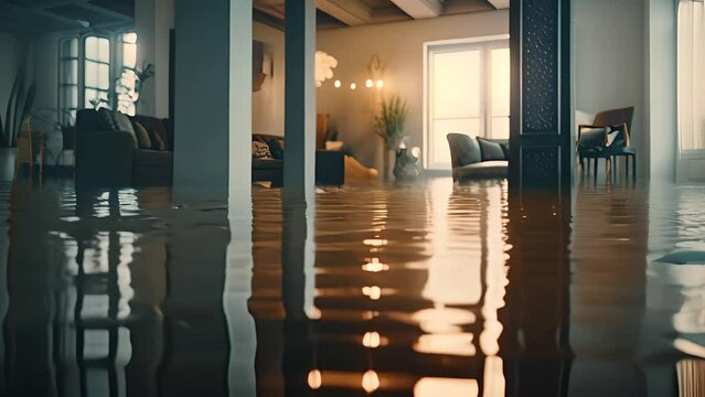 Flooding in the house interior, insurance case. Flood background. AI generative.
