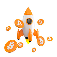 Rocket launching with bitcoins currency isolated. Spaceship of bear market cryptocurrency rate concept. 3d rendering.
