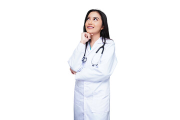 Young female doctor in white coat with stethoscope, medical student isolated transparent