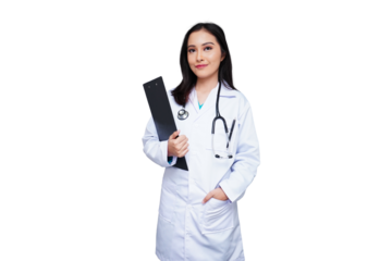 Young female doctor in white coat with stethoscope carrying a black folder isolated transparent