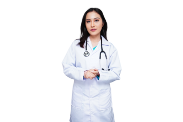 Young female doctor in white coat with stethoscope, medical student isolated transparent