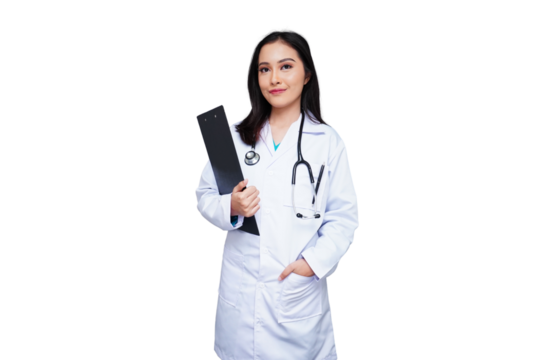 Young female doctor in white coat with stethoscope carrying a black folder isolated transparent