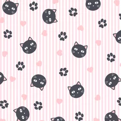 Foto op Canvas Seamless vector background of cute kittens, footprints and hearts. © Olena