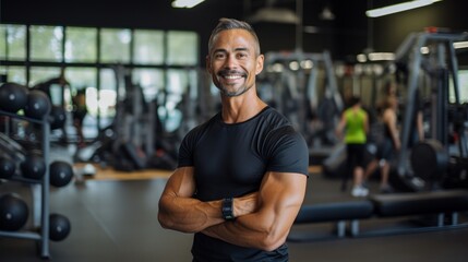 Fototapeta na wymiar Portrait of an energetic fitness instructor smiling, with gym equipment and a workout space in the background