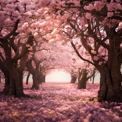 A field of cherry blossoms in full bloom.