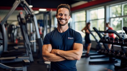 Portrait of an energetic fitness instructor smiling, with gym equipment and a workout space in the background - obrazy, fototapety, plakaty