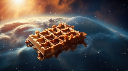 fried waffle flies in space, creative photo