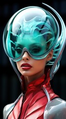 futuristic woman, cyberwoman in tight red futuristic outfits on dark background, future fashion concept