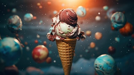 ice cream cone in space, ice cream balls with different flavors, unusual creative photo, space background