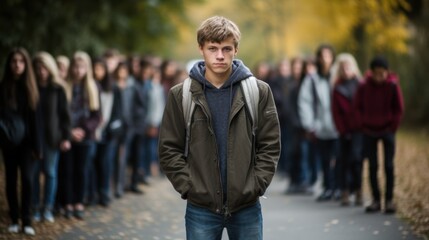 Obraz premium lonely guy alone among the crowd, concept of loneliness, bullying among teenagers