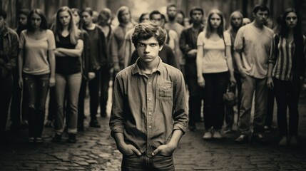 lonely guy alone among the crowd, concept of loneliness, bullying among teenagers