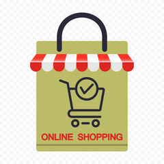 Online sale concept vector design. Shopping bag with display and trolley.