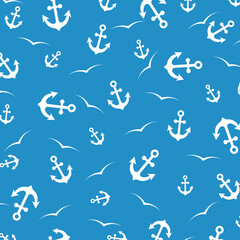 Vector seamless sea background with anchors and birds.