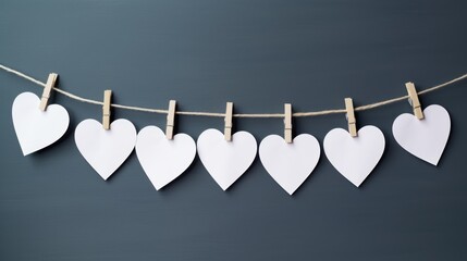 garland of white paper hearts on clothespins, on a blue background. concept of valentine's day, february 14, lovers, hearts, relationships - obrazy, fototapety, plakaty