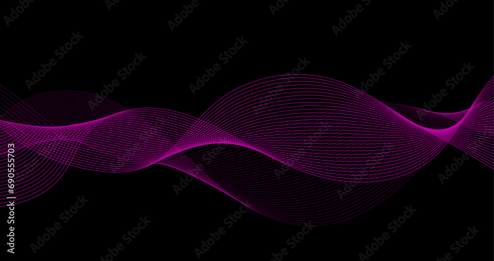 Poster abstract purple smoke wavy round line pattern isolated on black background, dynamic banner in concep