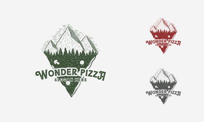 vintage pizza and mountain hand drawn logo vector,