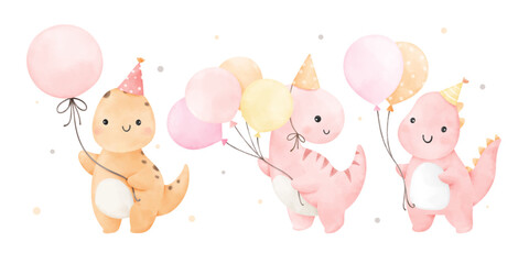 Watercolor dinosaur girl Decoration nursery kids Birthday girl © Luckycatarts
