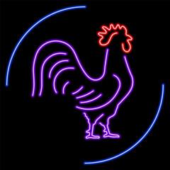 rooster neon sign, modern glowing banner design, colorful modern design trends on black background. Vector illustration.