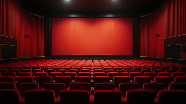 Empty red movie theater seats and blank cinema screen