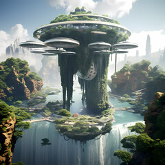 A futuristic floating island with waterfalls. - obrazy, fototapety, plakaty