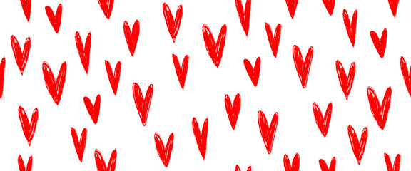 Simple Irregular Seamless Vector Pattern with Hand Drawn Hearts. Red Hearts on a White Backgrund. Abstract Romantic Backdrop. Valentine's Day Holiday Endless Print with Tiny Sketched Hearts. RGB.