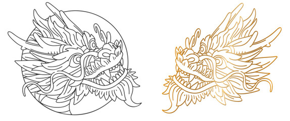 Chinese New Year 2024 vector. Chinese dragon, line drawing gold modern pattern. Dragon head for card design print media. China lunar calendar animal. Vector EPS 10.