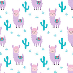 seamless pattern with llama, cactus and plants, creative childish texture, great for fabric, textile, flat vector illustration