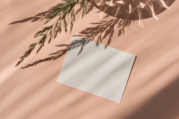 Blank paper business card mockup or wedding invitation template, empty paper postcard on peach fuzz...