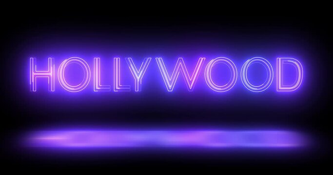 
4K Hollywood neon moving lines text animation on black background. Hollywood logo illuminated neon style fluorescent tubes nightclub motion graphic for brand, traffic, casino, innovation retro style.