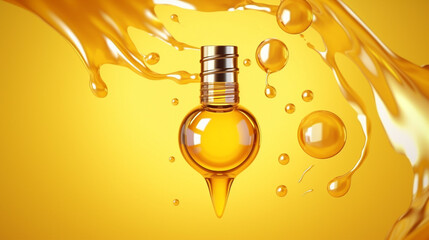 Luxurious Golden Serum Bubble on Yellow Background - Abstract Beauty Concept for Skincare and Cosmetic Treatment with Elegance and Radiance.