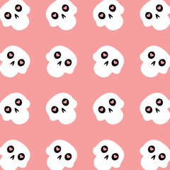 Simple pattern with skulls .Pink background with sculls and hearts.White cute skulls.