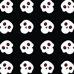 Simple pattern with skulls .Black background with sculls and  red hearts.White cute skulls.