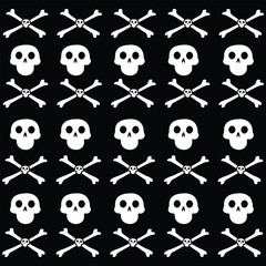 Simple pattern with skulls .Black background with sculls and crosses.White bones 
