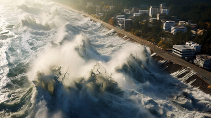 view of the tsunami crashing the beach