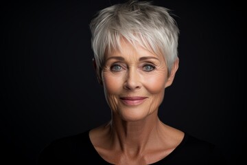 Portrait of a beautiful senior woman with short grey hair on black background