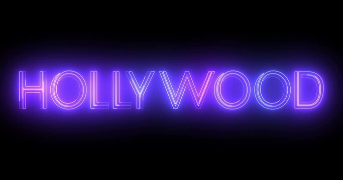 
4K Hollywood neon moving lines text animation on black background. Hollywood logo illuminated neon style fluorescent tubes nightclub motion graphic for brand, traffic, casino, innovation retro style.