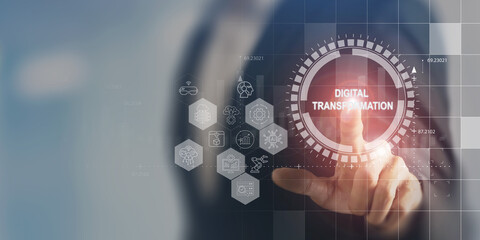 Digital transformation in business concept. Leveraging modern technologies; automation, data analytics, cloud computing and AI to increase efficiency, reduce costs and gain competitive advantage. - obrazy, fototapety, plakaty